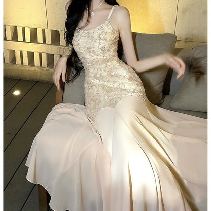 Embroidered Pink Spaghetti Strap Mermaid Gown Dress