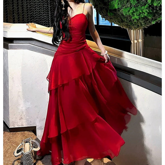Red Ruffle Waist Gown Prom Dress