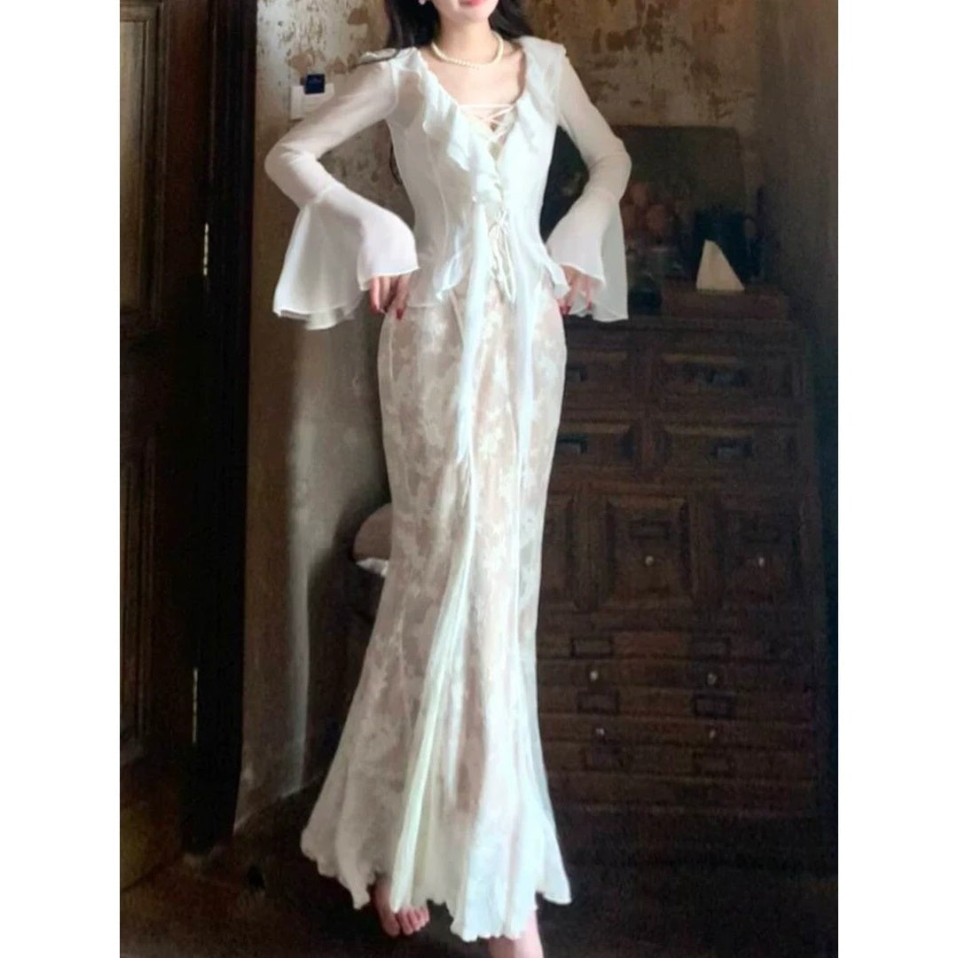 French Lace Pleated Spaghetti Gown Dress with Chiffon Cardigan