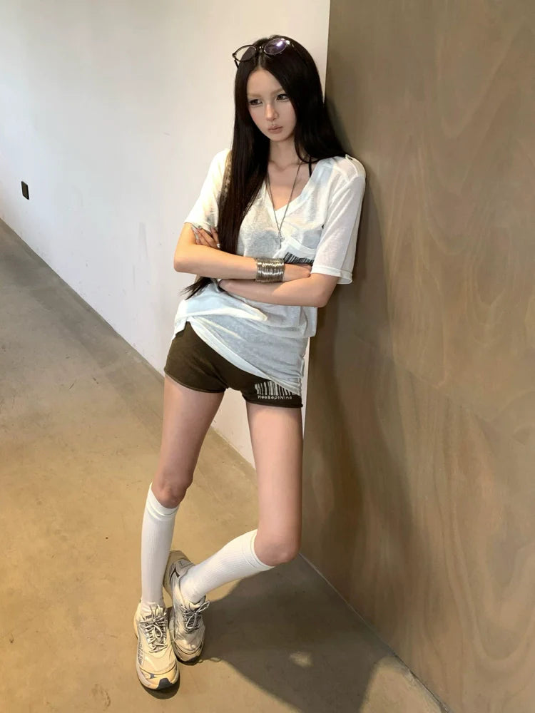 American White V-Neck Short Sleeve Tee Snow Cotton Relaxed Fit Top