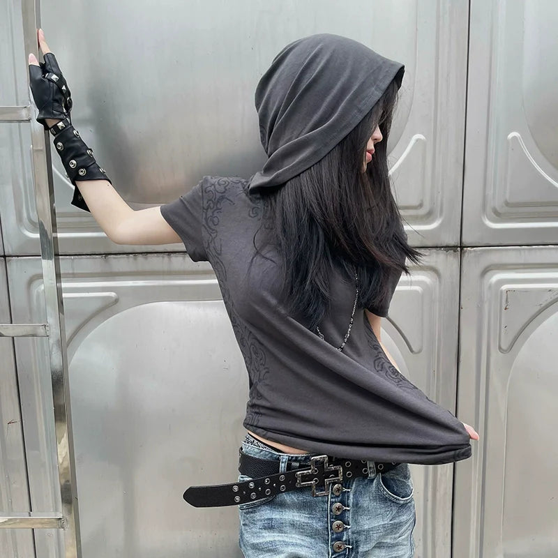 Punk Y2K Full Print Hoodie Tee Summer 2025 Visual Kei Structured Shoulder Top