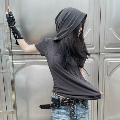 Punk Y2K Full Print Hoodie Tee Summer 2025 Visual Kei Structured Shoulder Top