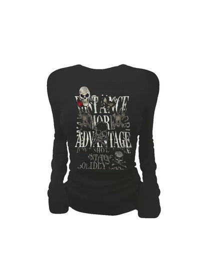 Black Gothic Rock Punk Skull Print Slim Long-Sleeve Y2K T-Shirt