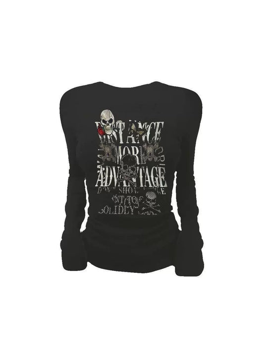 Black Gothic Rock Punk Skull Print Slim Long-Sleeve Y2K T-Shirt