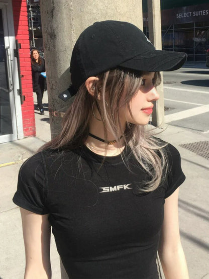 American Letter Print Fitted Crop Tee Stretch Cotton Structured Shoulder Short Sleeve Top