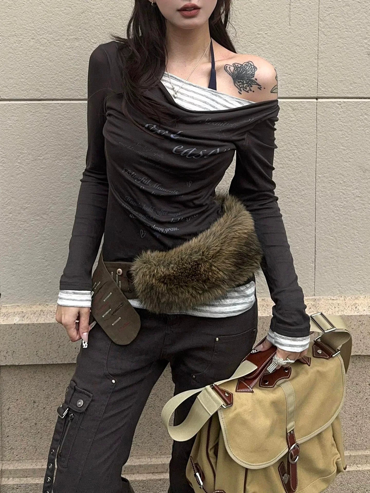 Korean Tencel Faux-Layered Draped Long Sleeve Tee Slim Sun-Proof Top