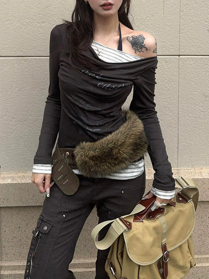 Korean Tencel Faux-Layered Draped Long Sleeve Tee Slim Sun-Proof Top