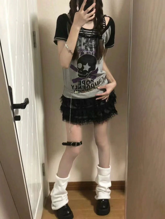 Gray Subculture Punk Y2K E-girl Shibuya Girl Fake Two-Piece Skull Hooded Short Sleeve Top