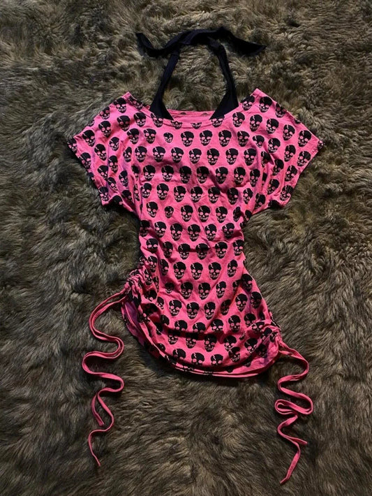Pink Skull Fake Two-Piece Y2K T-Shirt
