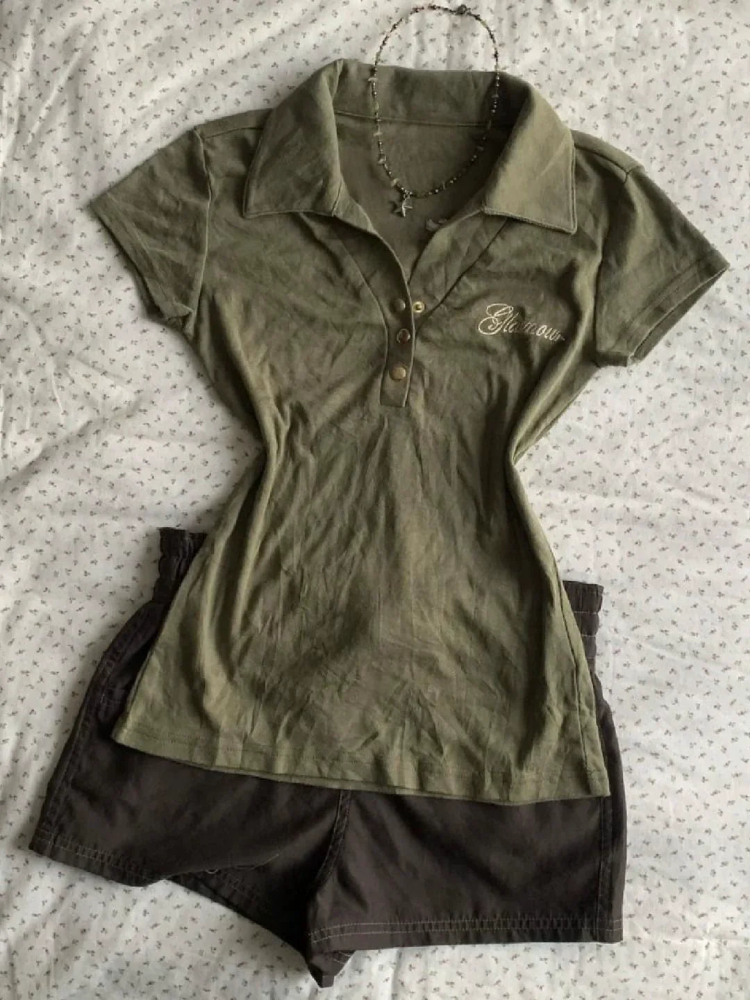 Army Green Subculture Y2K Abi E-girl American Retro Polo-Collar Short Sleeve Top