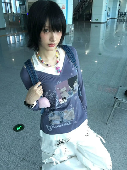 Cute Y2K Layered Long Sleeve Tee Cat Girl Print