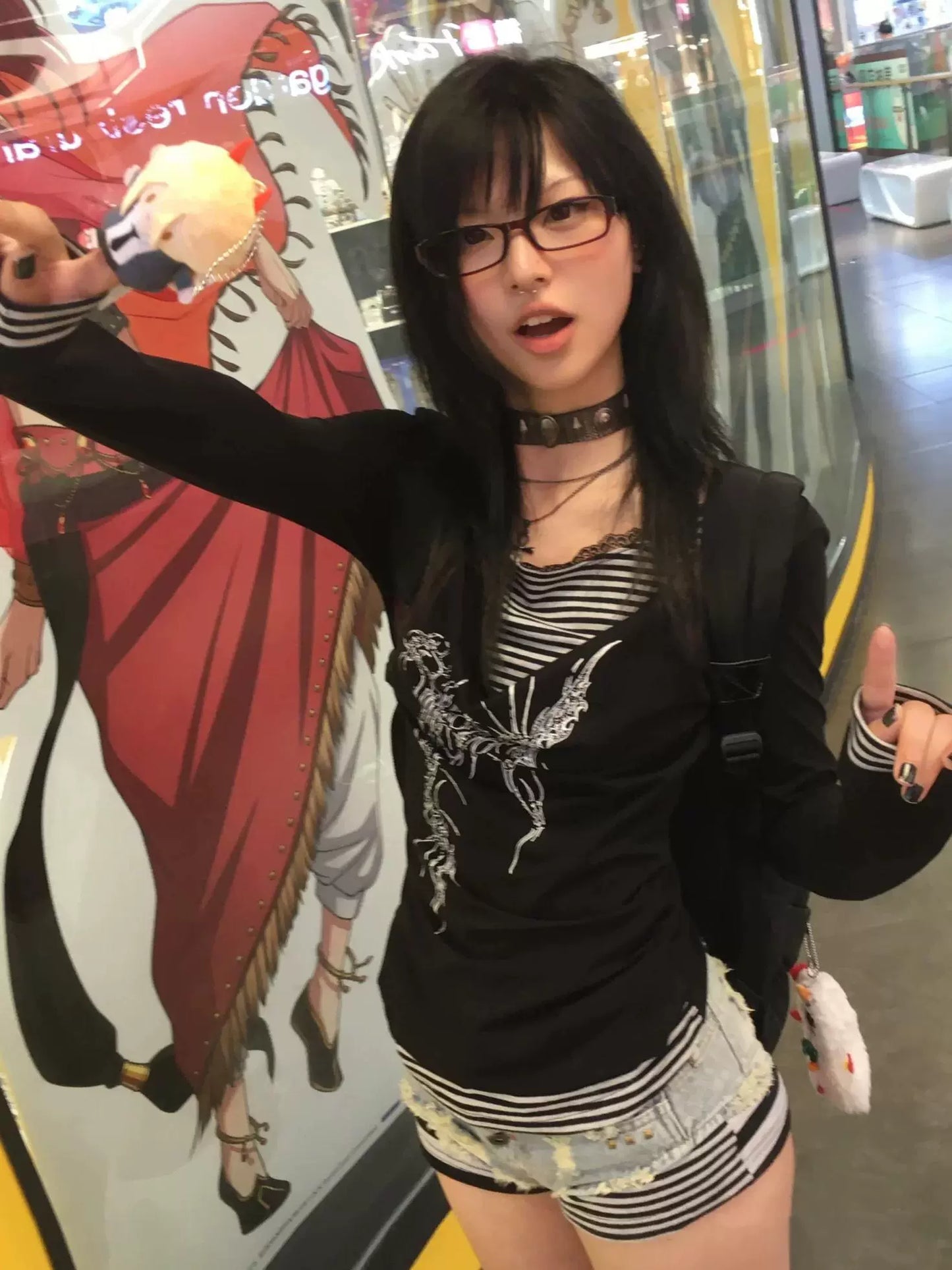 Black Punk Y2K E-girl Draped Neck Fake Two-Piece Print Unique Design Long Sleeve Top