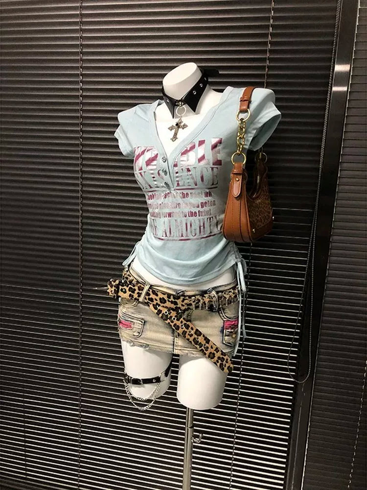 Blue Subculture Y2K E-girl Abi American Retro Drawstring Fake Two-Piece Vintage Short Sleeve Top