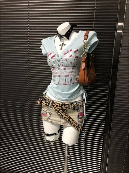 Blue Subculture Y2K E-girl Abi American Retro Drawstring Fake Two-Piece Vintage Short Sleeve Top