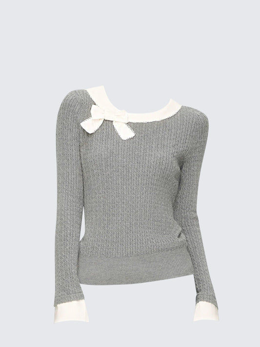 Layered Bow Contrast Knit Sweater