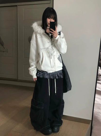 Y2K Faux Fur Collar Hoodie