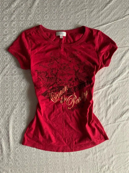 Red American Vintage Print Slim Fit Short Sleeve Y2K T-Shirt