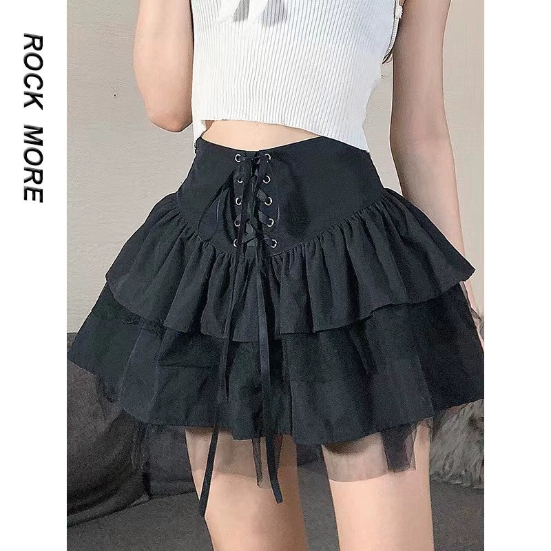 Black [With Lining] Subculture Punk Y2K E-girl Tie-Waist Fluffy High-Waisted Short Slimming Cake Skirt