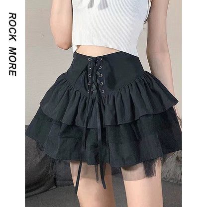 Black [With Lining] Subculture Punk Y2K E-girl Tie-Waist Fluffy High-Waisted Short Slimming Cake Skirt