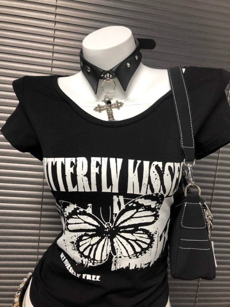 Black American Vintage Old-School Print Y2K T-Shirt