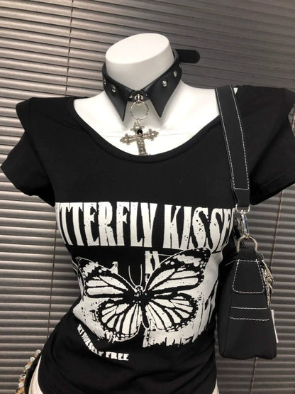 Black American Vintage Old-School Print Y2K T-Shirt