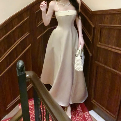 French White Spaghetti Strap Satin Bustier Waist Gown Dress