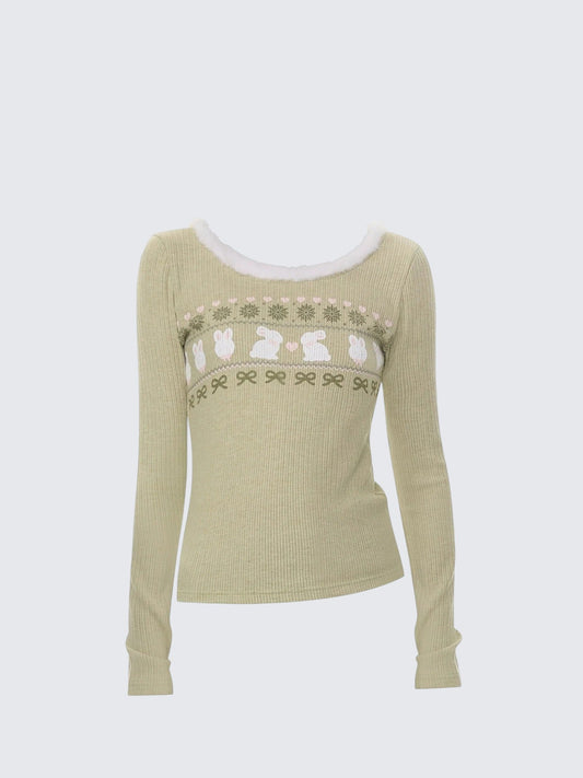 Rabbit Print Fur Collar Tee