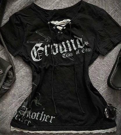 Black Punk Y2K E-girl Shibuya Girl Fake Two-Piece Lace Print Slim-Fit Short Sleeve Top