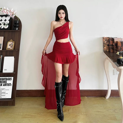 Bold Trendy Niche Off-The-Shoulder Cutout Waist Slimming Asymmetrical Dress