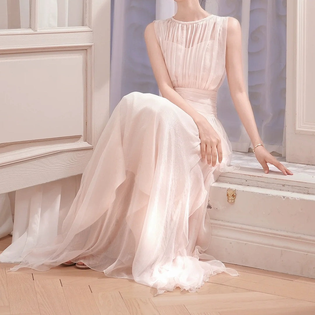 French Pink Sleeveless Faux Two-Piece Gown Dress – Luxury Party Dress