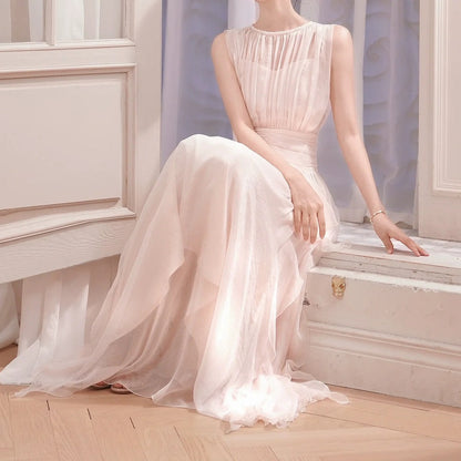 French Pink Sleeveless Faux Two-Piece Gown Dress – Luxury Party Dress