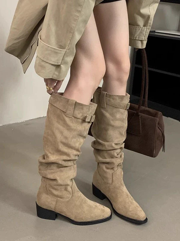 Suede Square Toe Slouchy Womens Boots Fall Winter New Buckle Chunky Heel Knee High Slimming Biker Boots