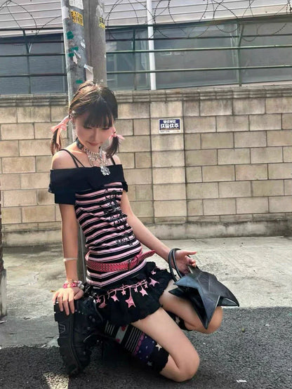 Black & Pink Stripe Subculture Y2K E-girl Abi One-Shoulder Slim Light Subculture Short Sleeve Top