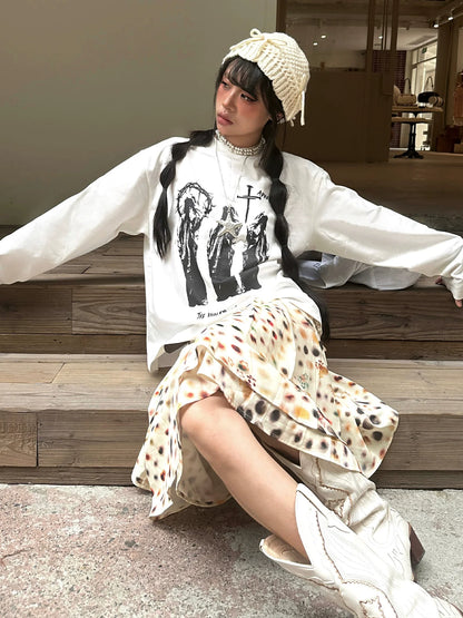 Subculture White Printed Long Sleeve Tee Boxy Cropped Vintage Top
