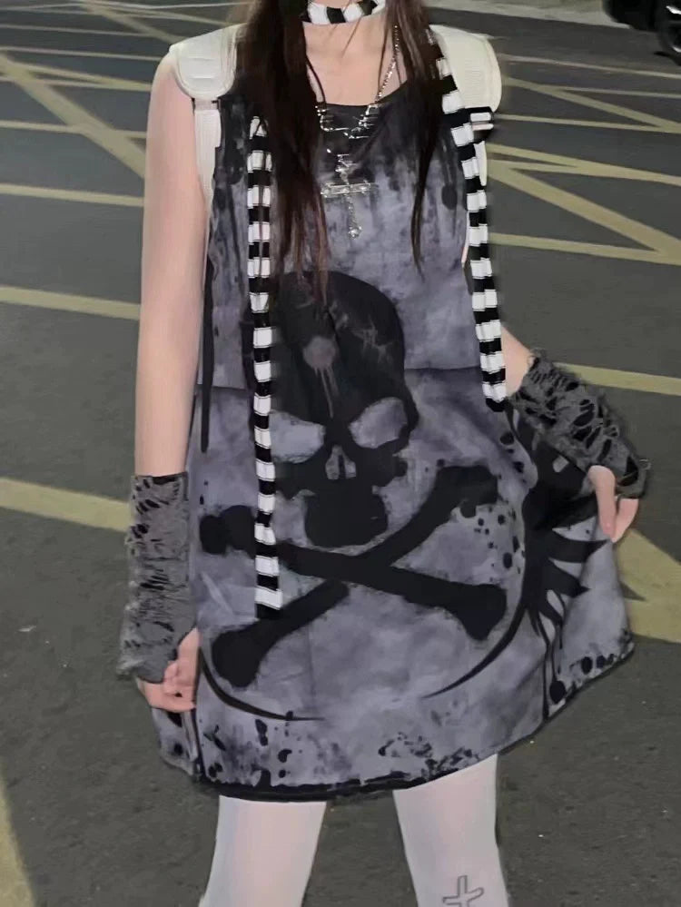 Skull Tank Dress Subculture Cyberpunk Rock Y2K E-girl Gothic Dark Dress