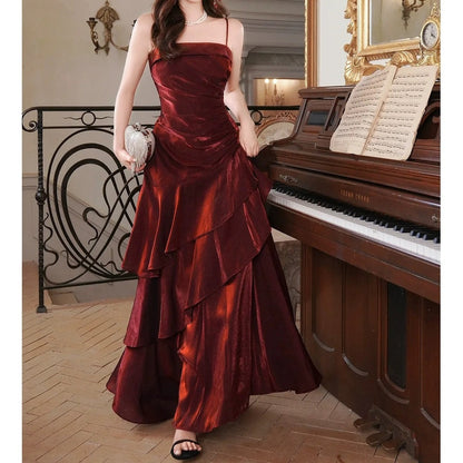 French Red Spaghetti Strap Adult Gown Dress