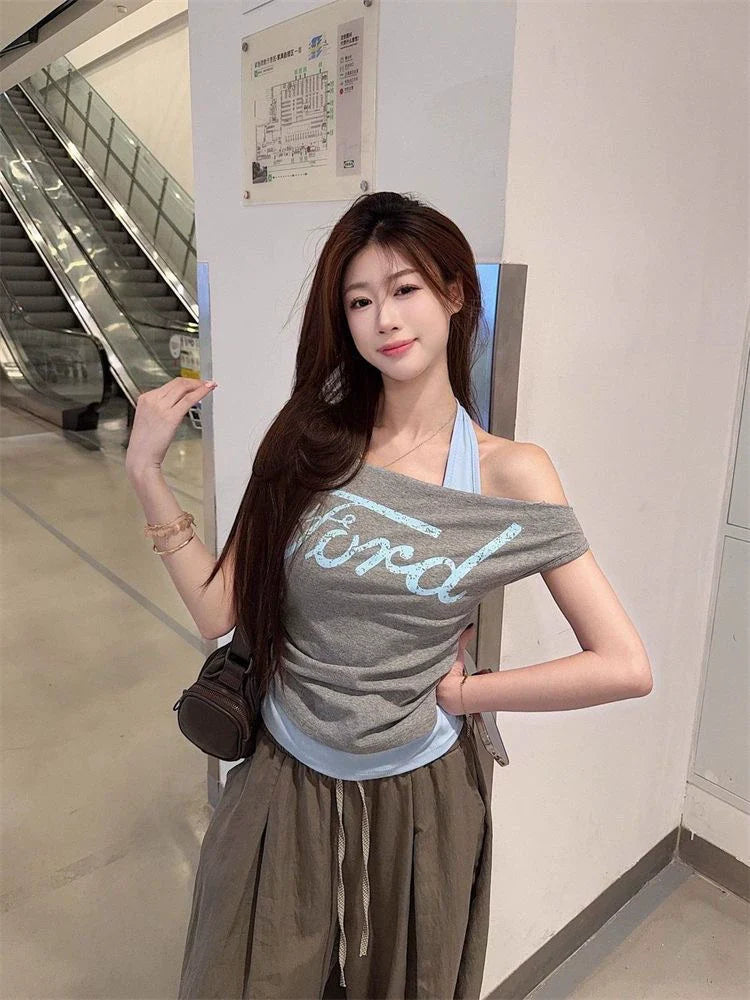 Light Gray Fake Two-Piece Halter Subculture Y2K E-girl Abi American Retro Letter Print Short Sleeve Top