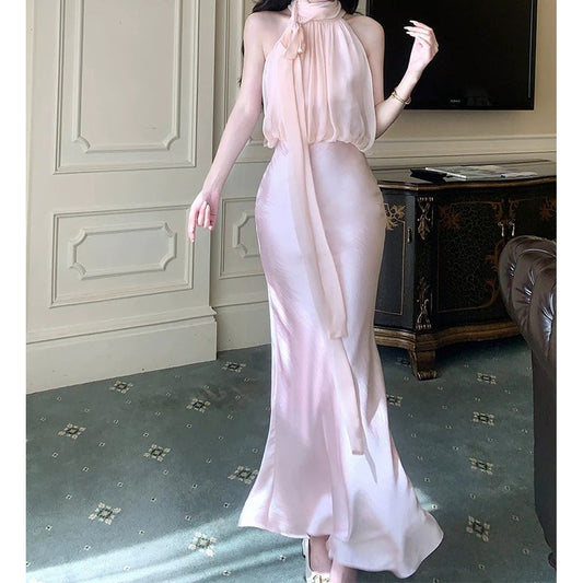 Silk Satin Mermaid Halter Gown Dress