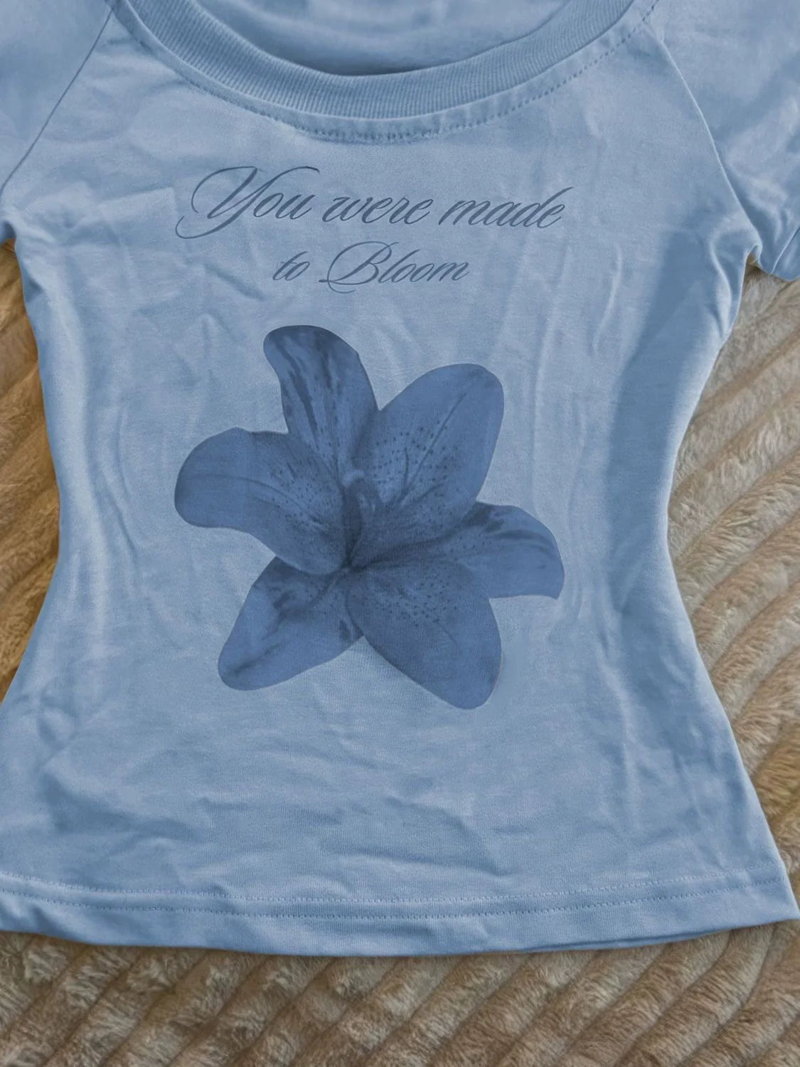 Blue Vintage Print Cropped Slim Y2K T-Shirt