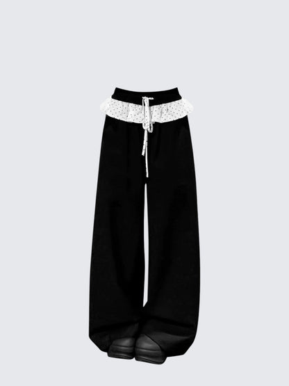 American Lace Trim Black Wide Leg Pants