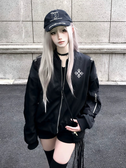 American Black Varsity Bomber Jacket  Cross Embroidery Oversized Street Outerwear