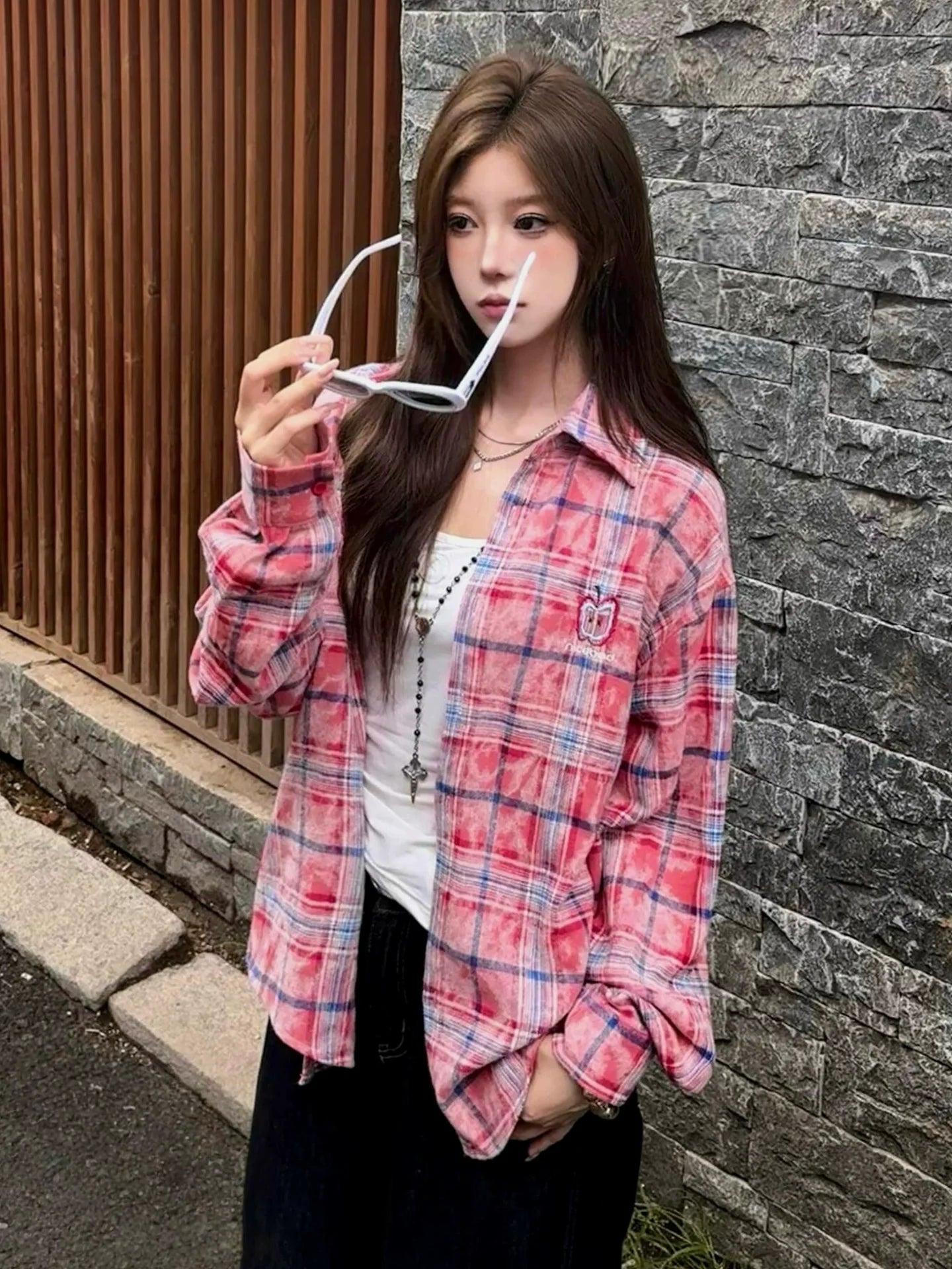 Retro Plaid Embroidered Shirt Apple Stitch Detail Overshirt