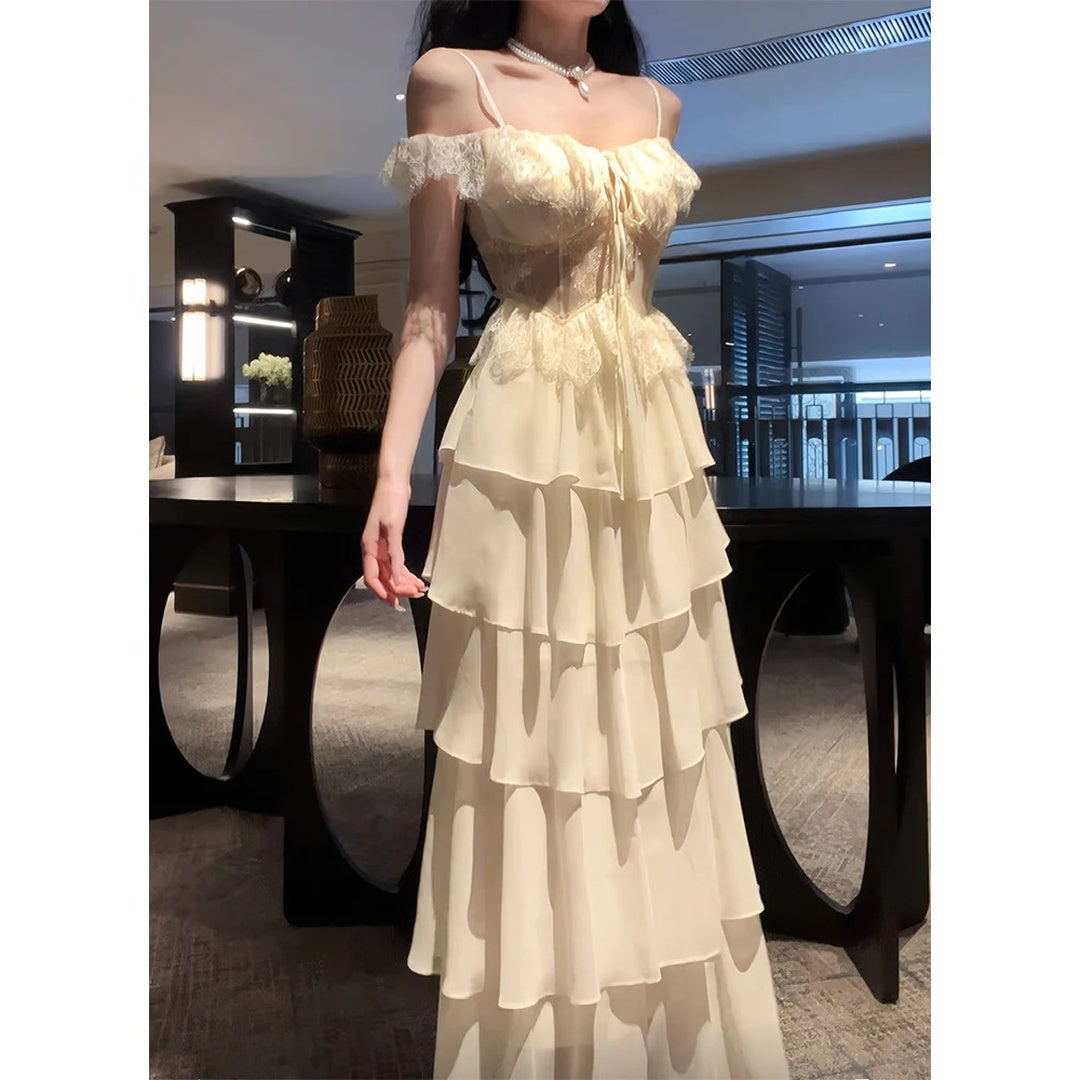 French Vintage Lace Halter Beach Gown Dress