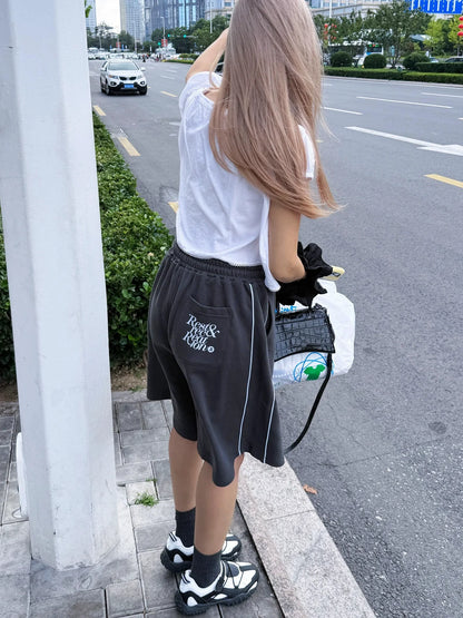 American Vintage Gray Sport Shorts Letter Print Relaxed Fit