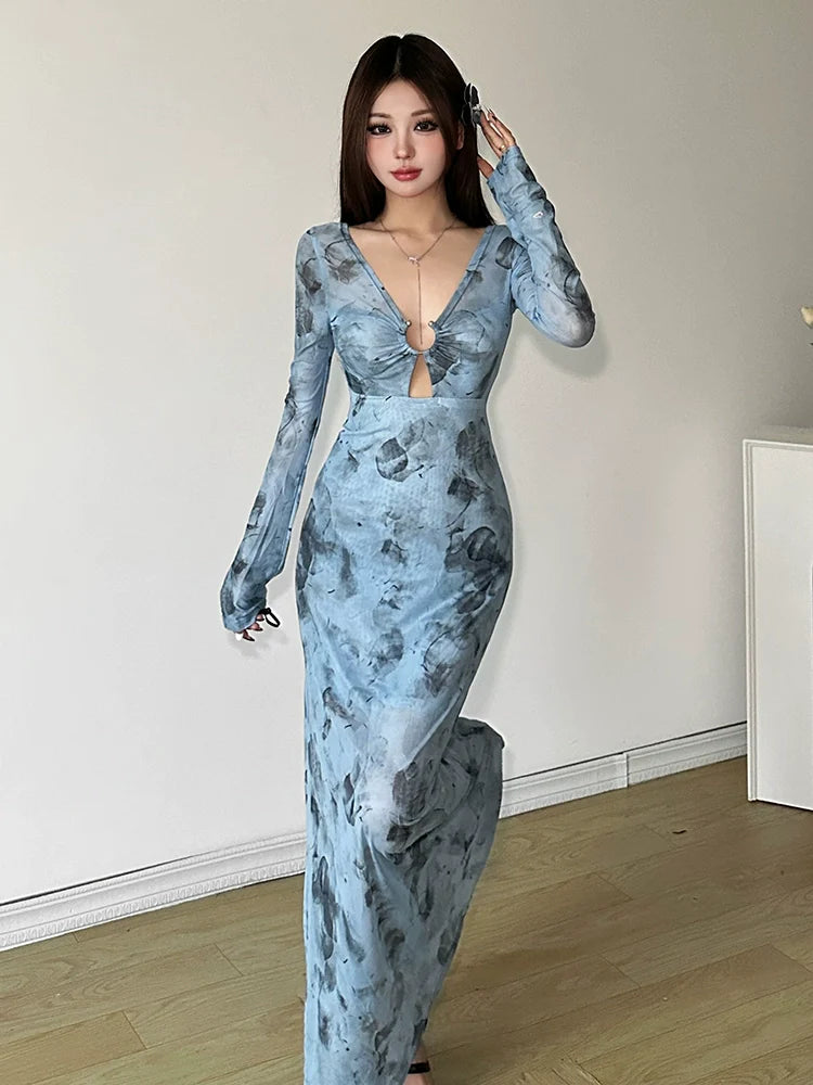 South French Vacation Style Cutout V-Neck Tie-Dye Fitted Slimming Hot Girl Maxi Dress