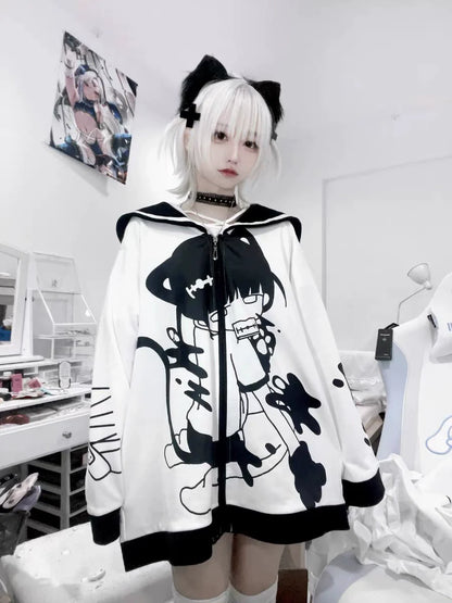 Black & White Injured Kitten Hoodie [Spring-Autumn] Subculture Y2K E-girl Japanese Anime Cat-Ear Autumn/Winter Oversized Jacket