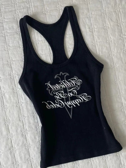 Black American Vintage Letter Print Slim Y2K Tank Top