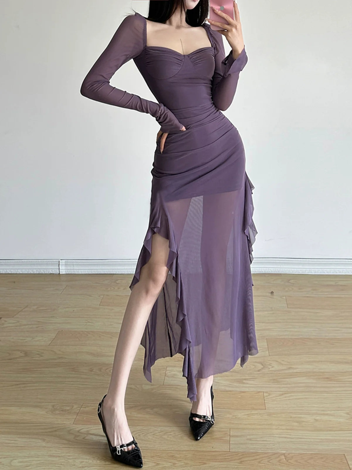 Chic E-girl Vibrant Purple Square-Neck Ruffle High-Slit Midi Dress