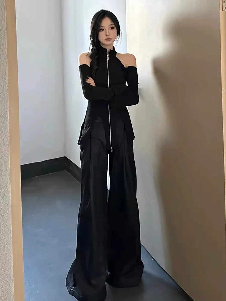 Black Y2K Halter Off-Shoulder Knit Cardigan