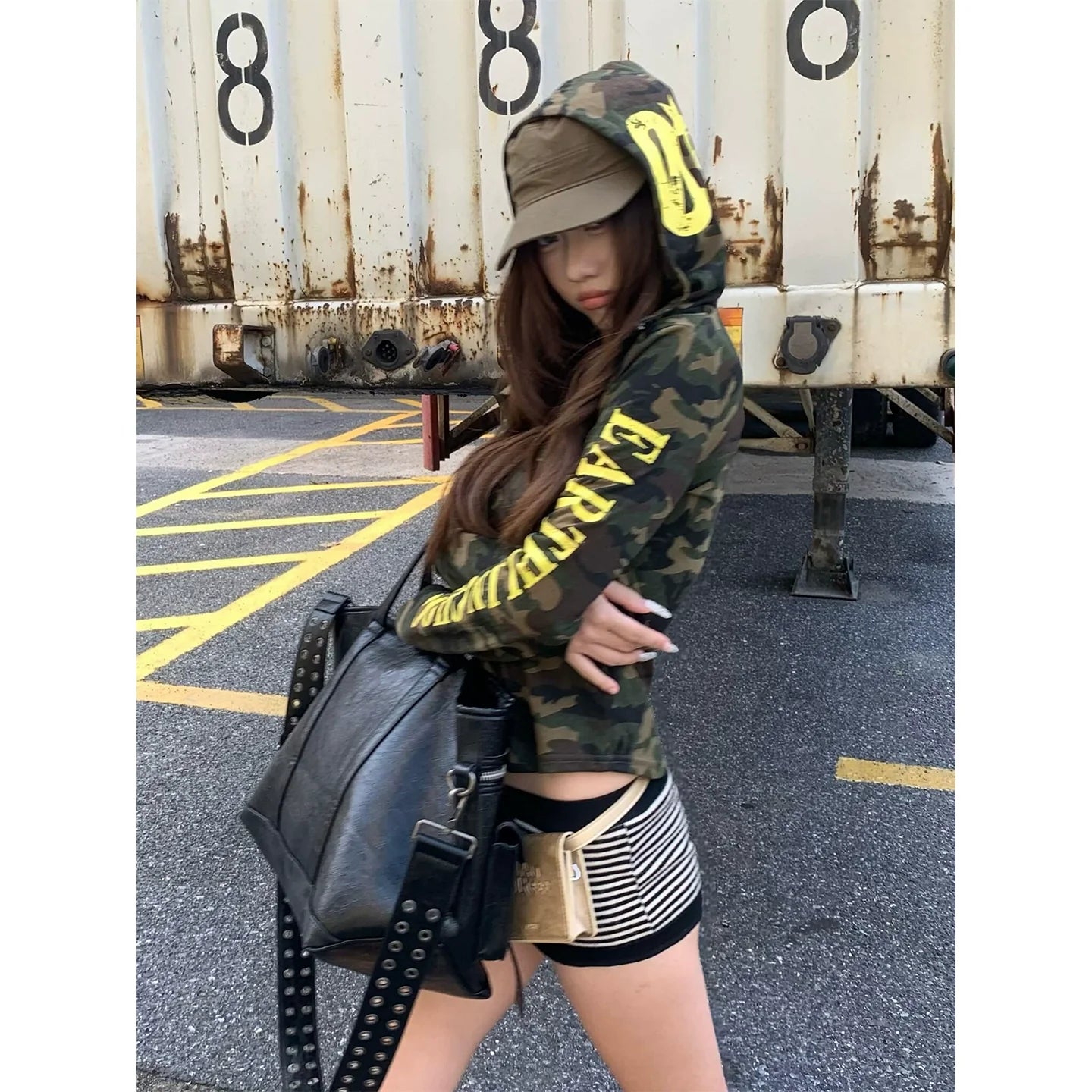 American Camo Hooded Long Sleeve Tee Slim Fit Street Layering Top